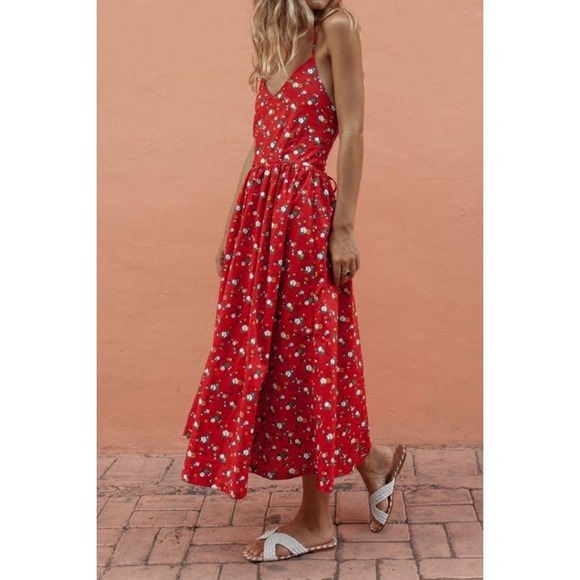 Posse Dresses & Skirts - POSSE RED FLORAL SLEEVELESS 100% COTTON SUMMER MIDI DRESS Sz S